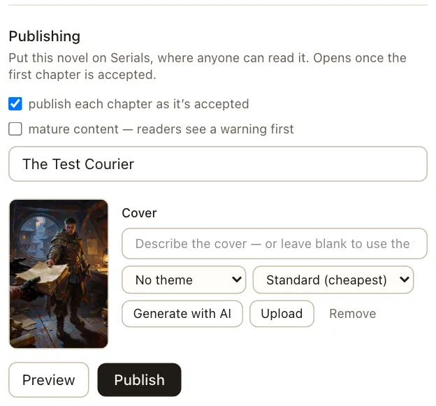 The cover controls in the Publishing panel: a generated cover beside a description box, theme and quality pickers, and Generate with AI and Upload buttons.