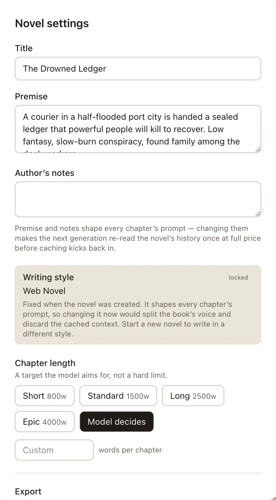 Novel settings showing export and delete options.