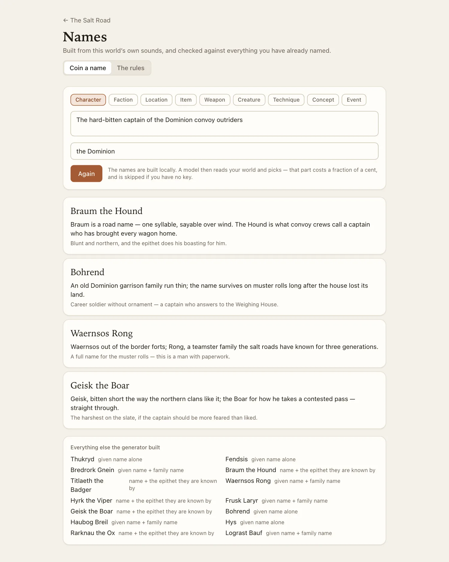 The Names page: a request for a convoy captain’s name, four proposed names with in-world etymologies, and the full generated slate beneath.