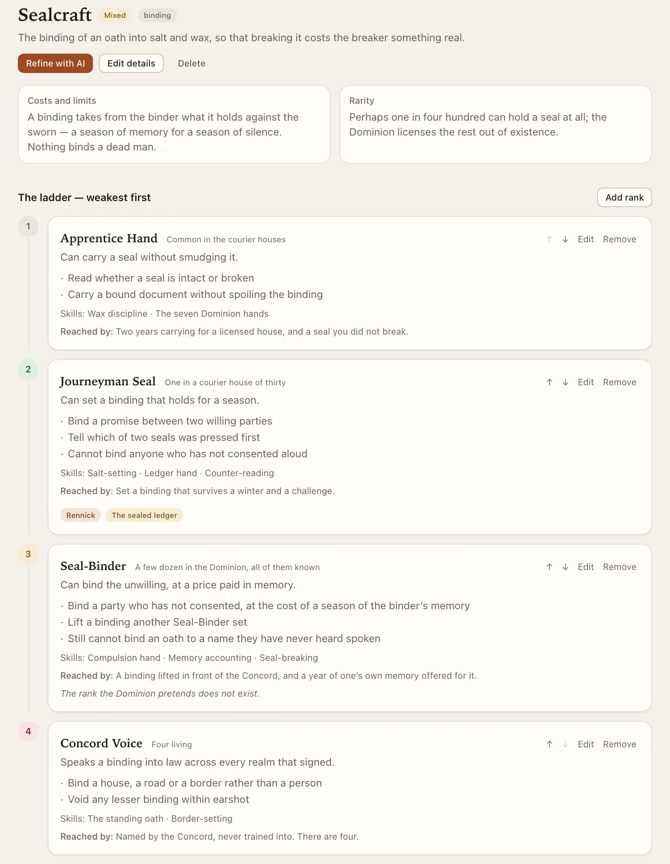 A power system called Sealcraft: a four-rung ladder from Apprentice Hand to Concord Voice, each rung listing what it can do, its skills, and how it is reached.